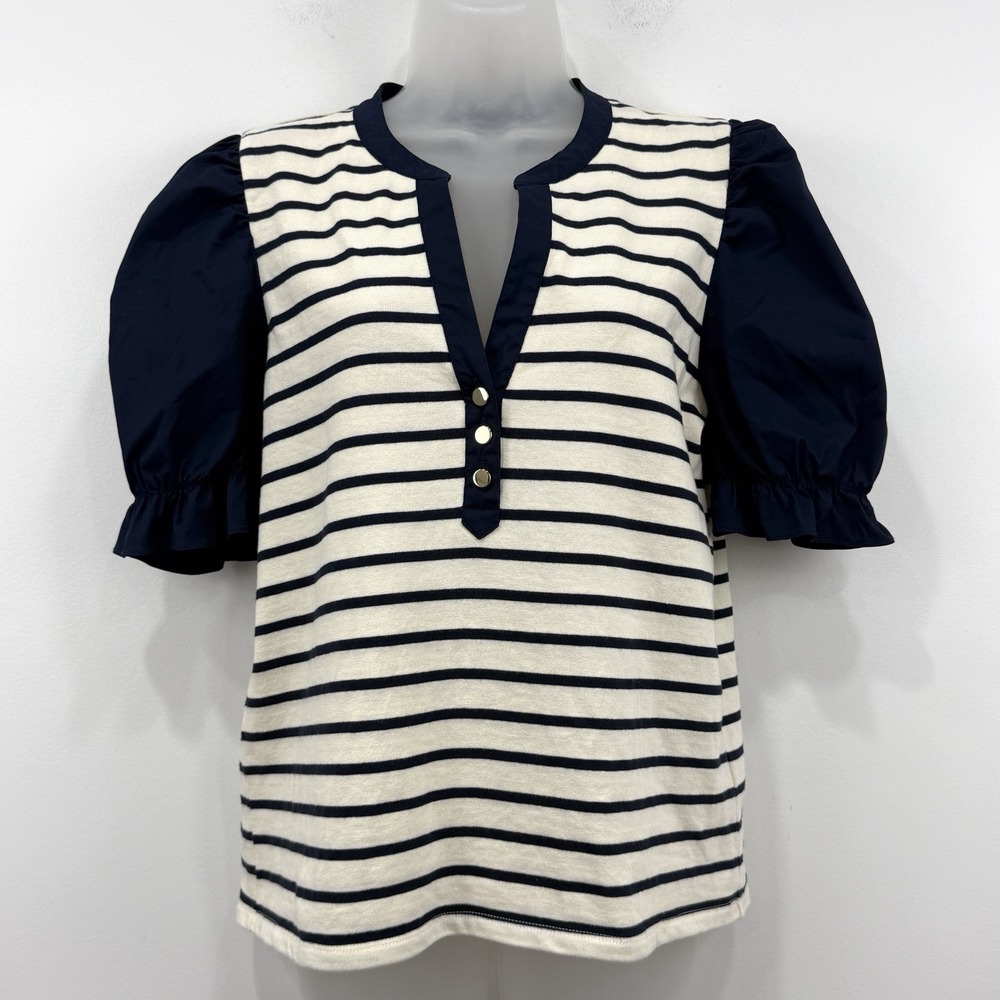 Veronica Beard Raegan Puff Sleeve Top L Stripe Preppy Capsule Nautical Academia